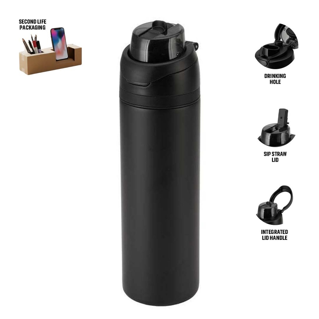 AERO SIP - Hans Larsen Recycled Stainless Steel Bottle with Dual Sip Lid - Black