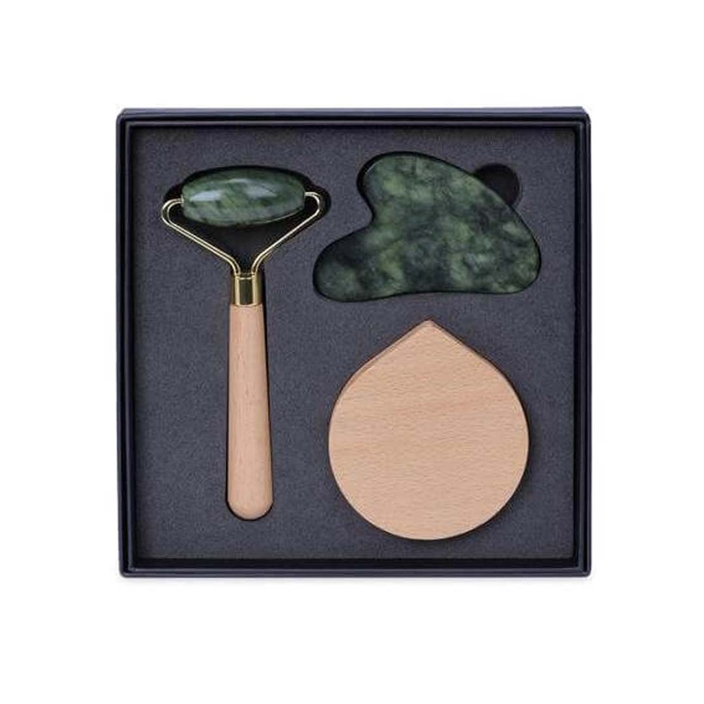 LUNA - Set of Jade Face Roller, Guasha and Mirror 